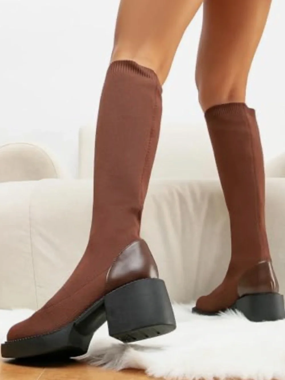 NWT Brown Knee-High Sock Boot with Block Heel 10‎
